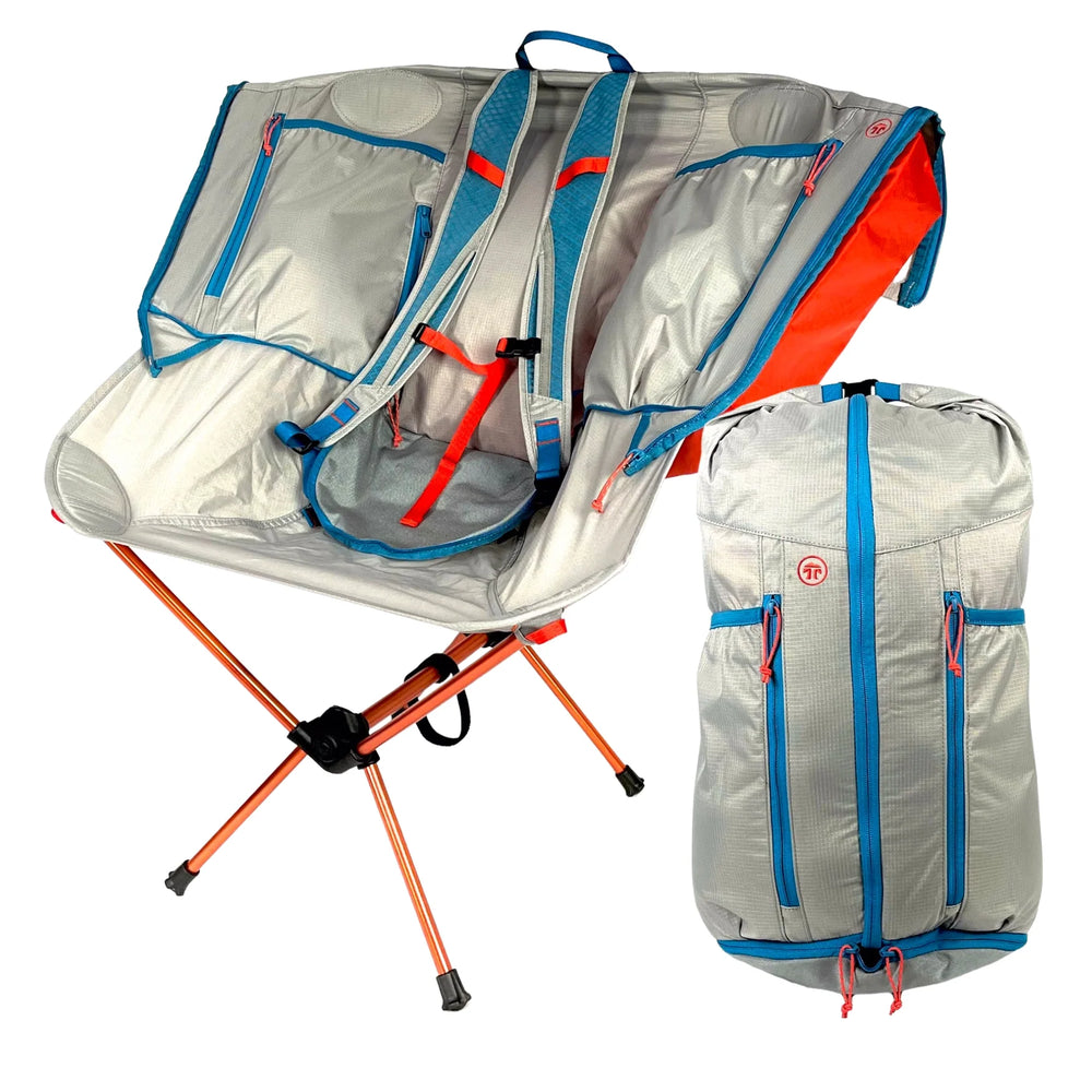 Trailform Chameleon FROST backpack transforming into a cooler and chair, featuring a sleek design with multiple compartments and comfortable straps.
