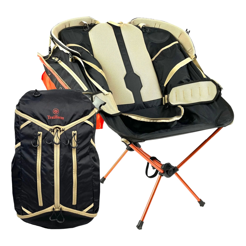 Trailform Chameleon Lite 36L backpack and chair in green fabric with multiple pockets, lightweight, compact, and versatile outdoor gear.